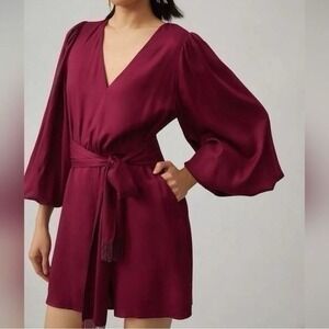 Anthropologie Farm Rio Bell Sleeve Romper Jumpsuit Plum Wine Red Medium NWT